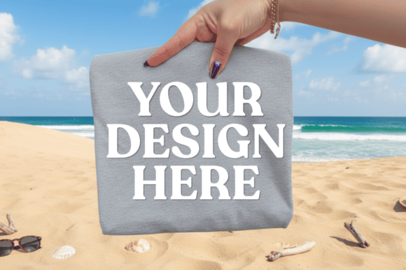 Gray Folded T-Shirt Mockup on Beach