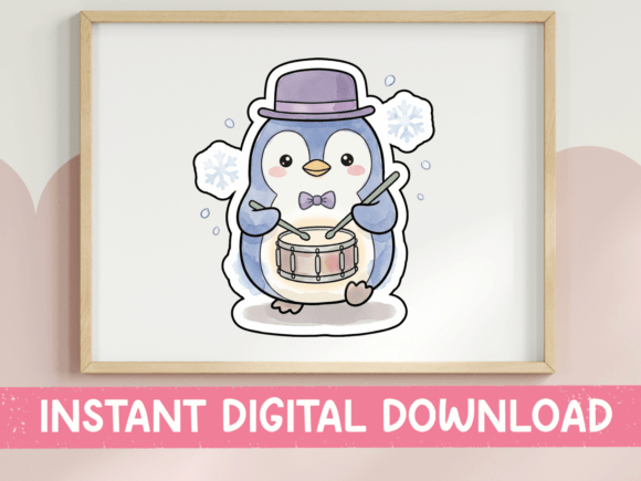 Penguin Drummer Sticker in Hat: Graphics for T-Shirt Designs