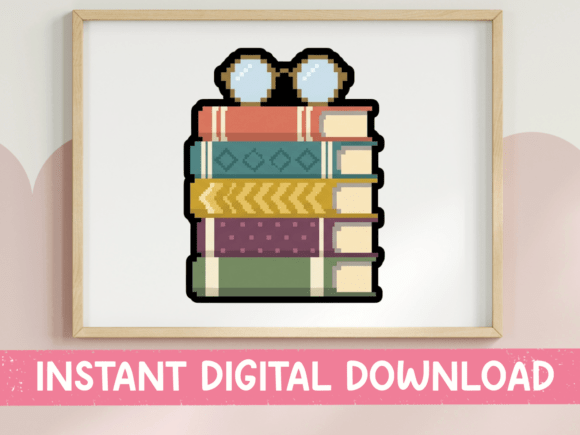 Pixel Art Book Stack with Glasses