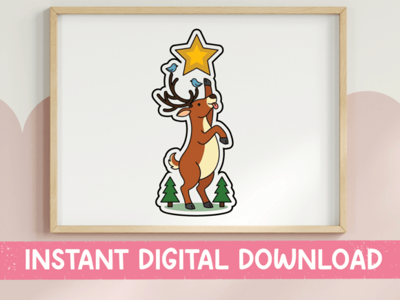 Reindeer Placing Star on Tree Sticker Graphics