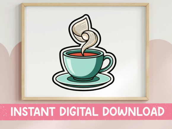 Tea Cup with Book Page Sticker Graphics