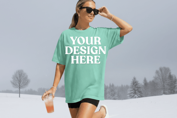 Woman Wearing Mint Green T-Shirt Mockup
